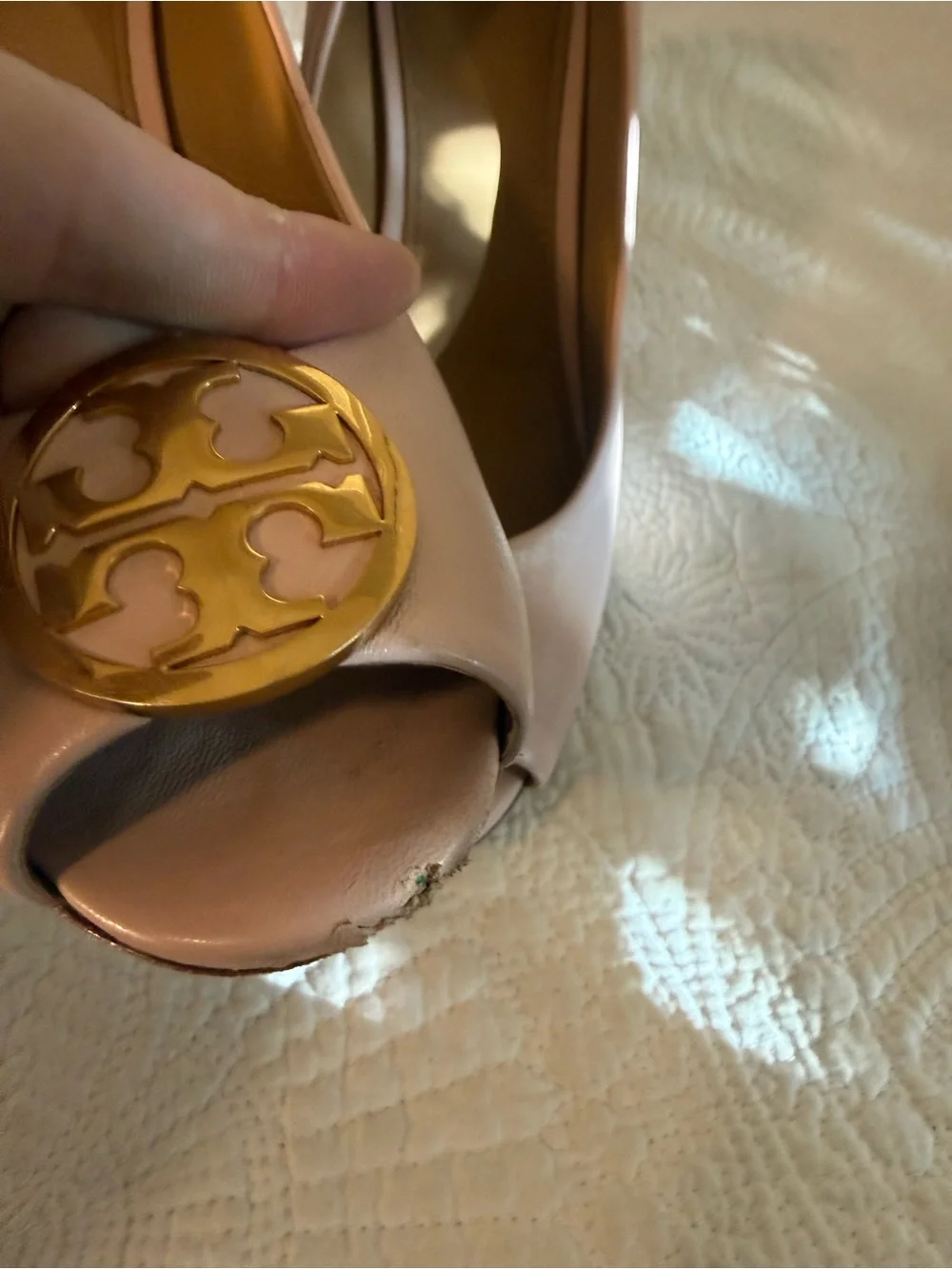Tory Burch Blush Pink Leather Peep Toe Wedge Pumps Gold Logo 8.5M